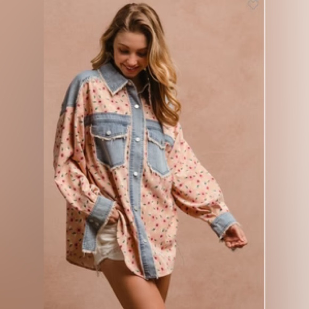 Bibi Rustic Romance floral denim chambray button up - Picture 3 of 8